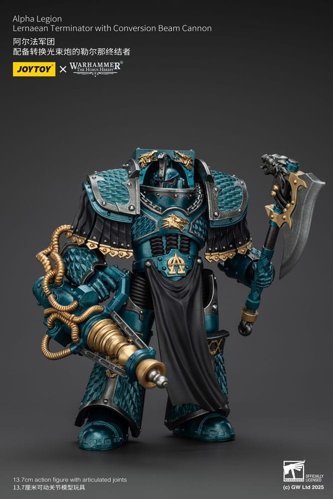 JoyToy Horus Heresy Alpha Legion Lernaean Terminator, conversion beam cannon, axe raised, cannon arm forward