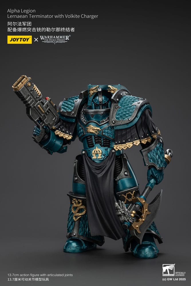 JoyToy Horus Heresy Alpha Legion Lernaean Terminator, volkite charger, volkite charger raised, axe at side