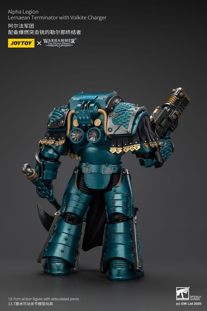 JoyToy Horus Heresy Alpha Legion Lernaean Terminator, volkite charger, back view with volkite charger raised