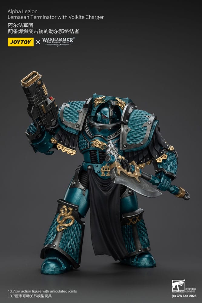 JoyToy Horus Heresy Alpha Legion Lernaean Terminator, volkite charger, axe raised, three-quarter view