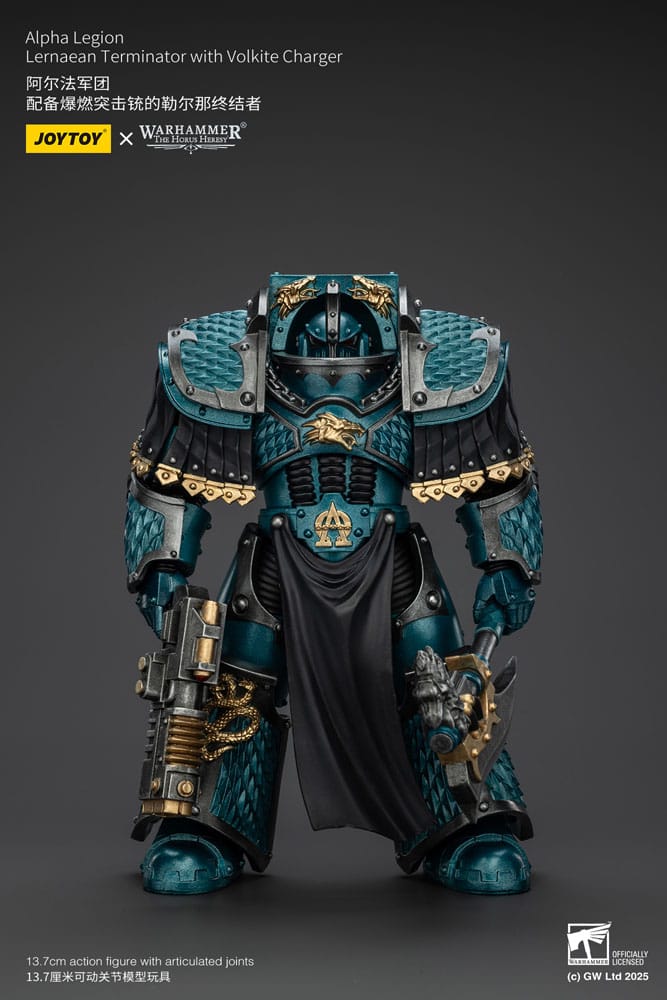 JoyToy Horus Heresy Alpha Legion Lernaean Terminator, volkite charger, front view with volkite charger and axe lowered