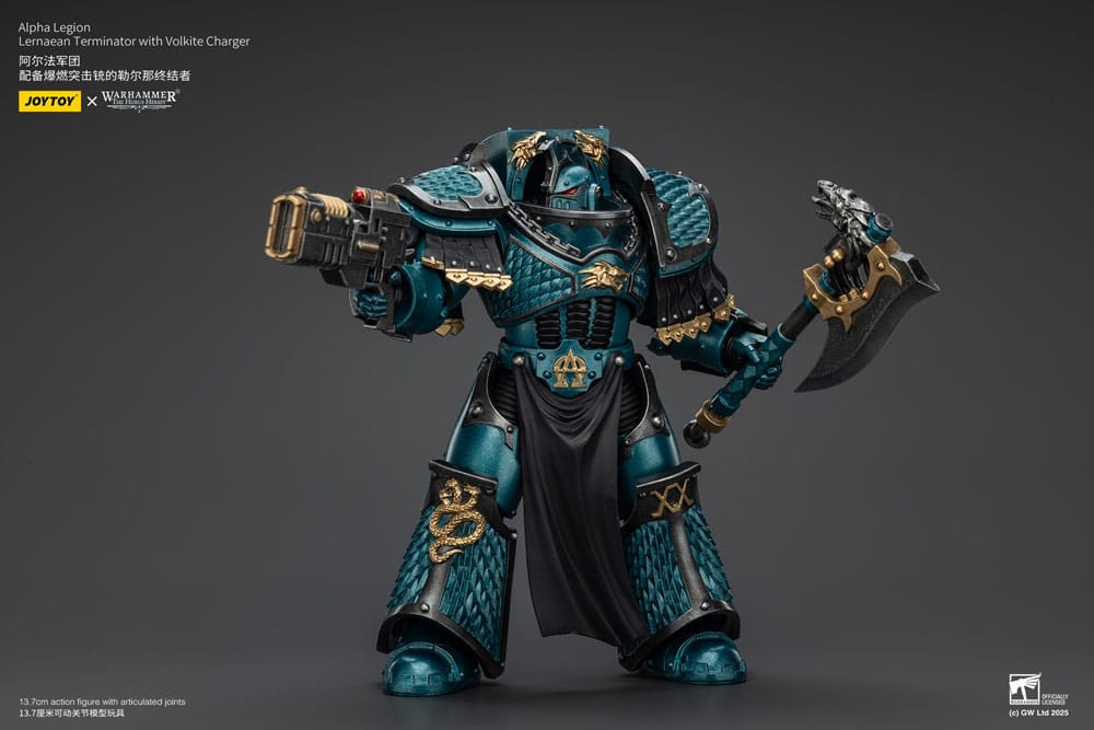 JoyToy Horus Heresy Alpha Legion Lernaean Terminator, volkite charger, volkite charger aimed and axe raised, landscape