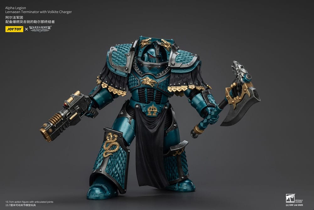 JoyToy Horus Heresy Alpha Legion Lernaean Terminator, volkite charger, striding pose with weapons outstretched, landscape