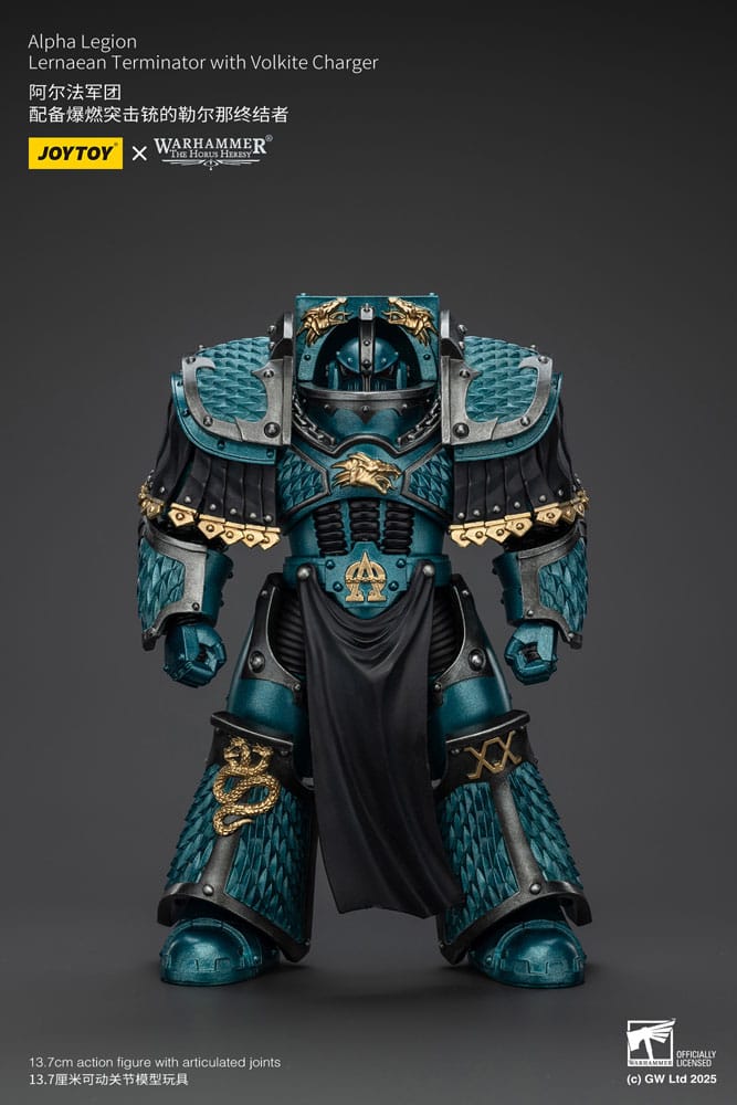 JoyToy Horus Heresy Alpha Legion Lernaean Terminator, volkite charger, front view with black tabard