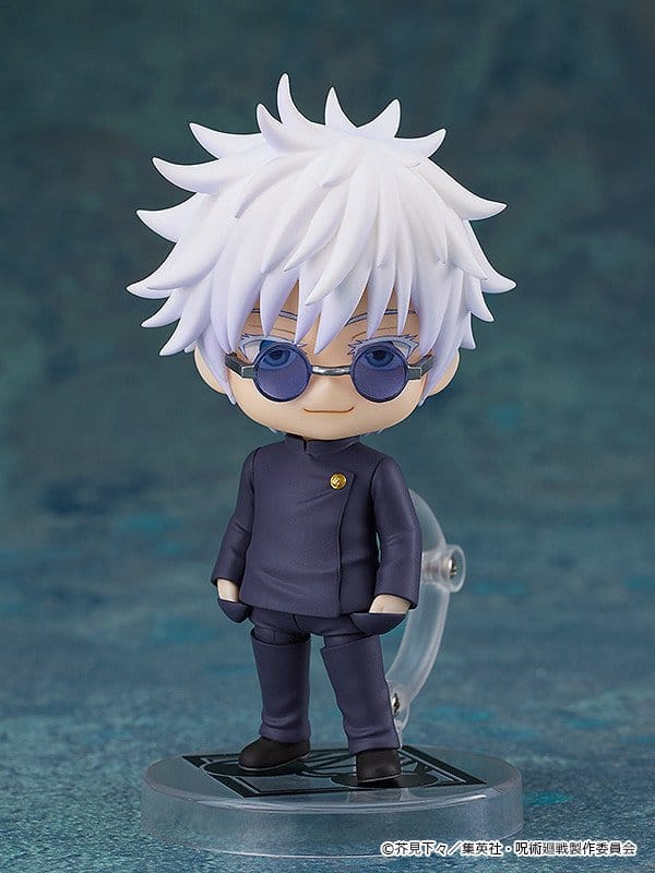 Nendoroid Satoru Gojo in school uniform and sunglasses on clear printed stand, front view