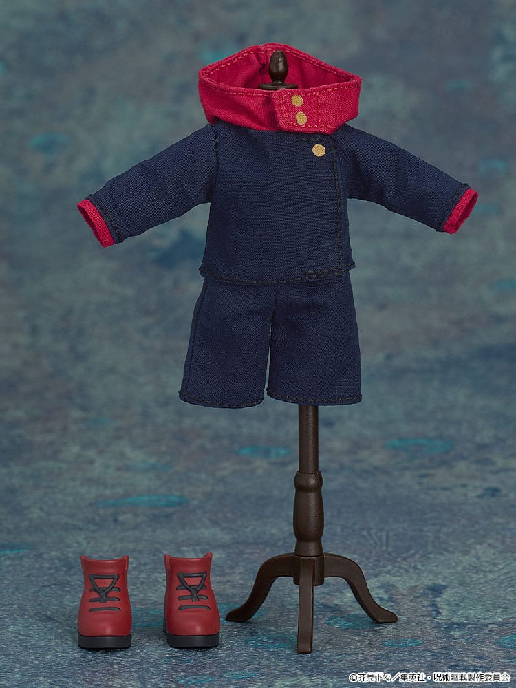Yuji Itadori Nendoroid Doll uniform with red hood on a dress form, red boots below