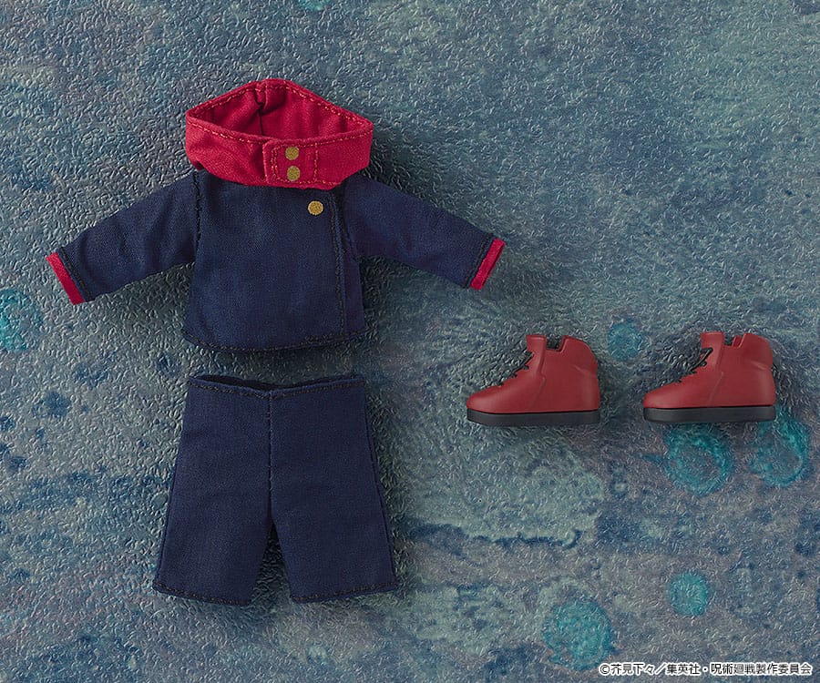 Yuji Itadori Nendoroid Doll outfit laid flat: hooded uniform jacket, shorts and red boots