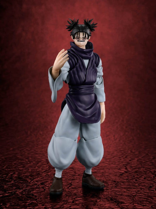 Bandai S.H.Figuarts Choso figure from Jujutsu Kaisen standing, full front view on red backdrop