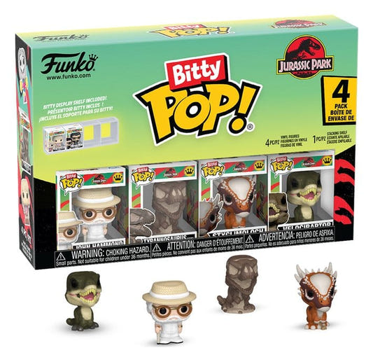 Funko Bitty POP! Jurassic Park Series 2 4-pack box with four tiny vinyl figures displayed in front