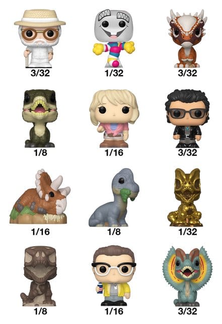 Funko Jurassic Park Bitty Pop! mini figure line-up with rarity ratios, dinosaurs and characters