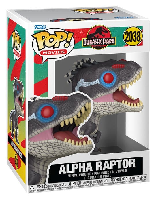 Alpha Raptor Funko POP! Movies vinyl figure in its Jurassic Park window box, number 2038