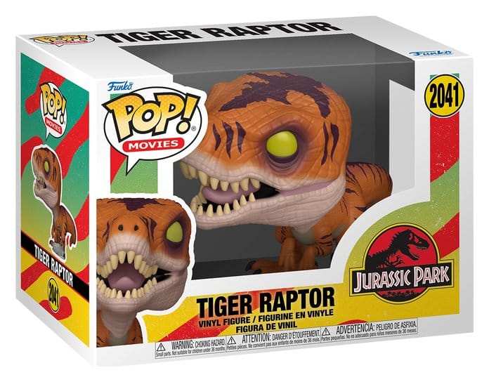 Tiger Raptor Funko POP! Movies vinyl figure in its Jurassic Park window box, number 2041