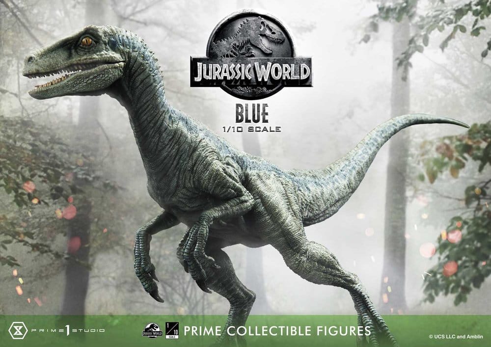 Jurassic World Blue 1/10 scale Prime Collectible Figures banner in a misty forest