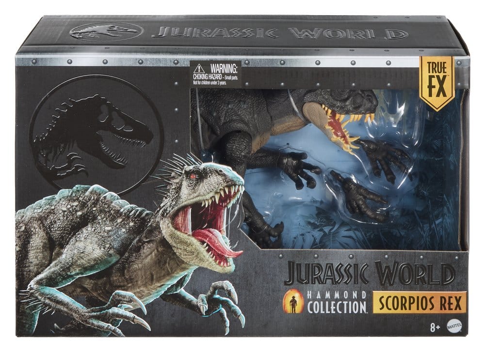 Mattel Jurassic World Hammond Collection Scorpios Rex in its window box packaging