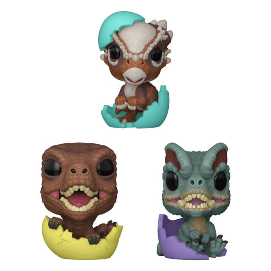 Jurassic World Pocket POP! Egg mini figures: three baby dinosaurs hatching from coloured eggs