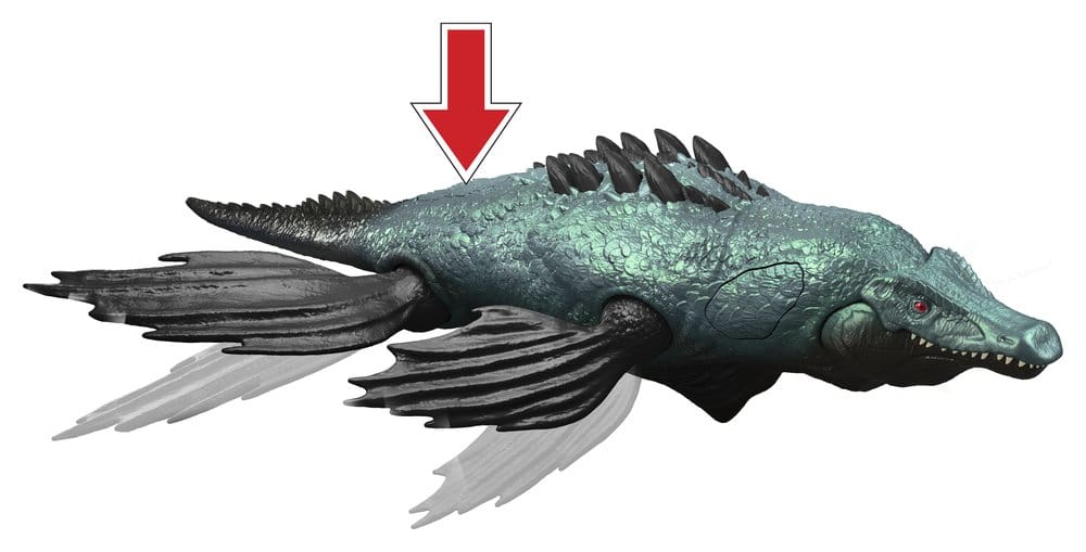 Jurassic World Liopleurodon figure with arrow showing the back button sail and spike attack