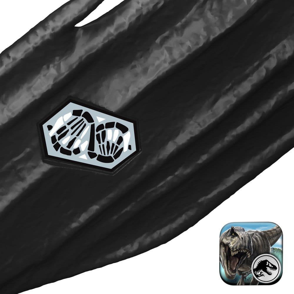 Close-up of the Jurassic World Liopleurodon flipper with a DNA scan code and app icon