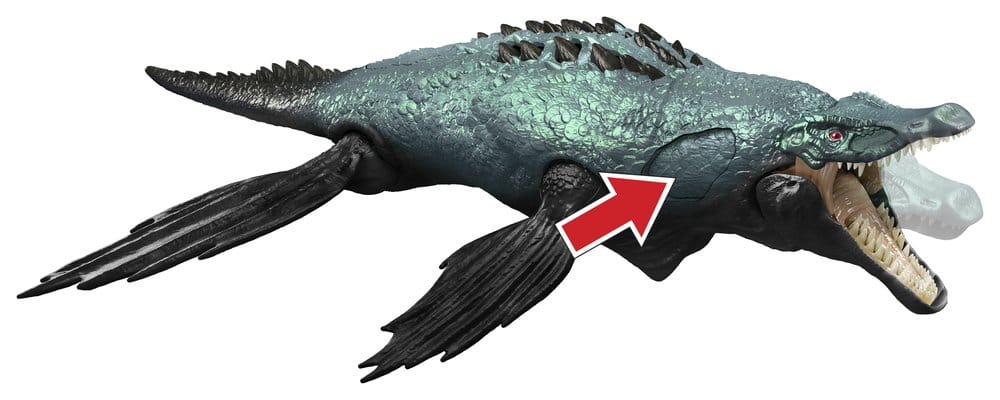 Jurassic World Liopleurodon figure with arrow showing the shoulder button bite action