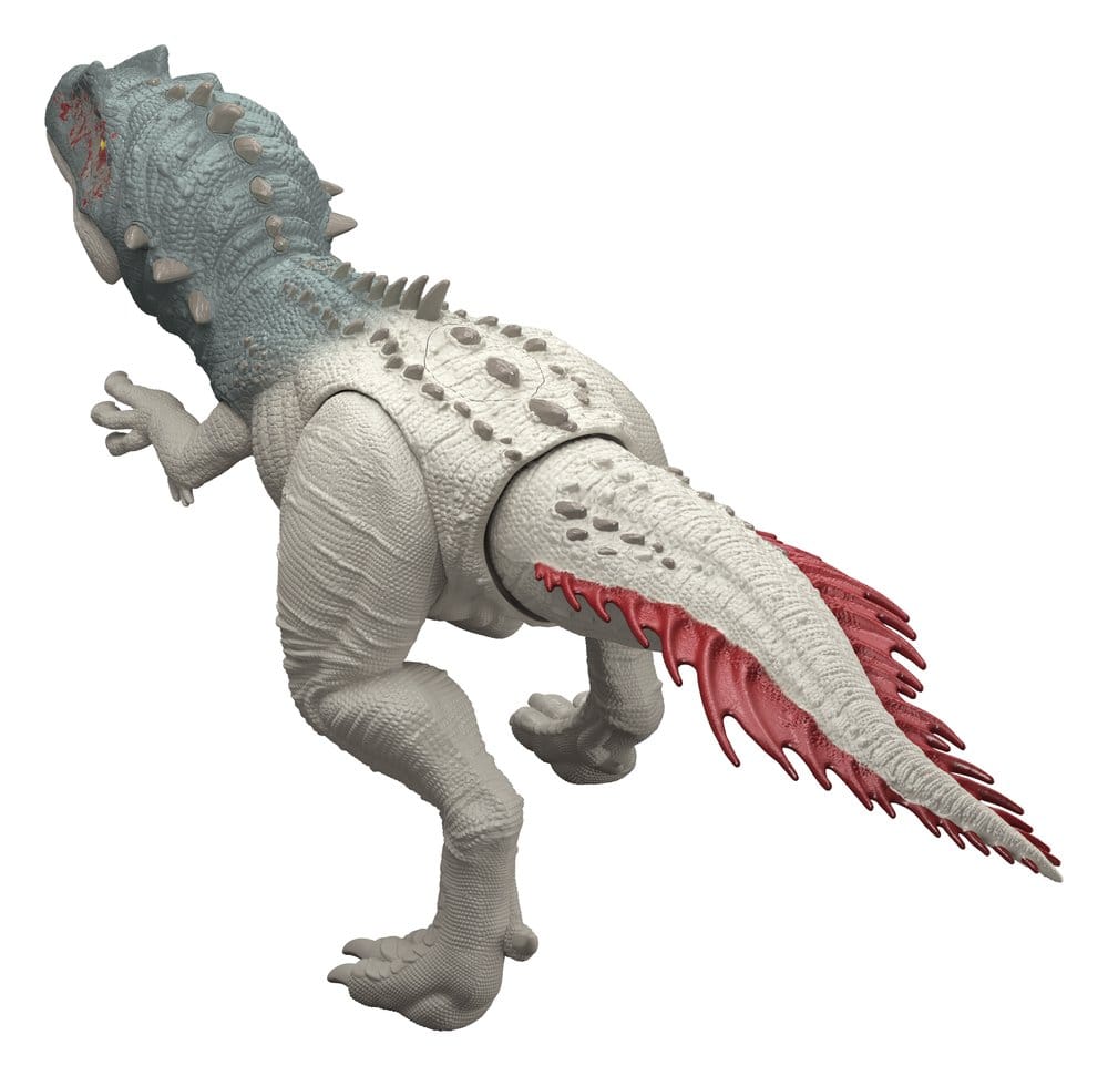 Jurassic World Gigantic Thrashers Torvosaurus, rear three-quarter view showing red tail spikes