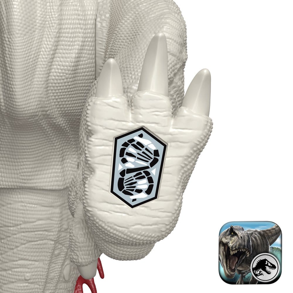 Close-up of the Jurassic World Torvosaurus foot with a DNA scan code and app icon