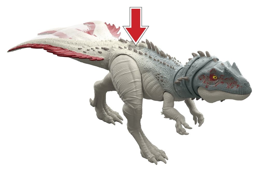 Jurassic World Torvosaurus figure with arrow showing the back button tail strike and spikes