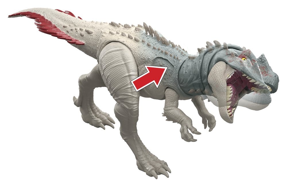 Jurassic World Torvosaurus figure with arrow showing the shoulder button chomping bite