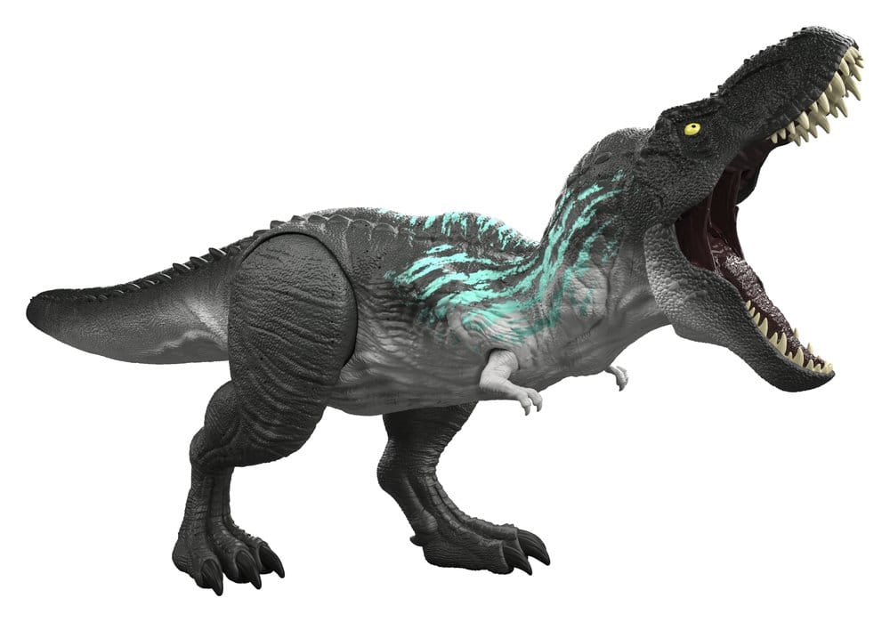 Mattel Jurassic World Muscle Madness T. rex figure with jaws wide open, roaring
