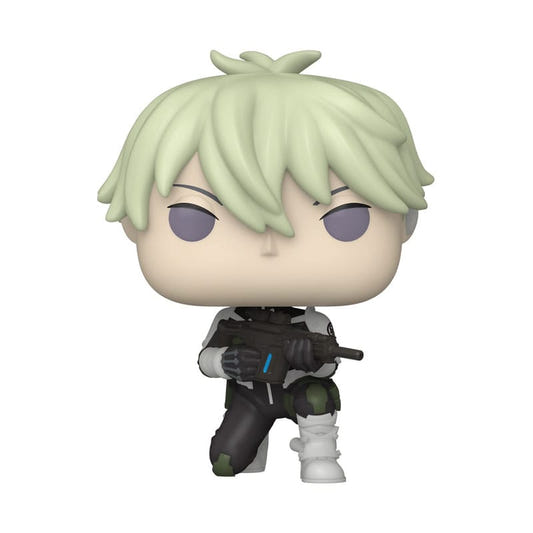 Kaiju No. 8 Reno Ichikawa Funko Pop! vinyl figure kneeling in a black defence suit with a rifle