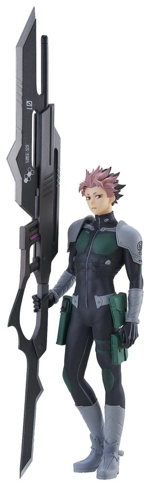 Kaiju No. 8 Pop Up Parade Gen Narumi figure in black combat suit with giant weapon, front view