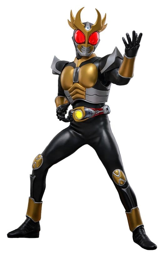Hot Toys Kamen Rider Agito 1/6 figure in gold Ground Form with red LED eyes, full-length cut-out