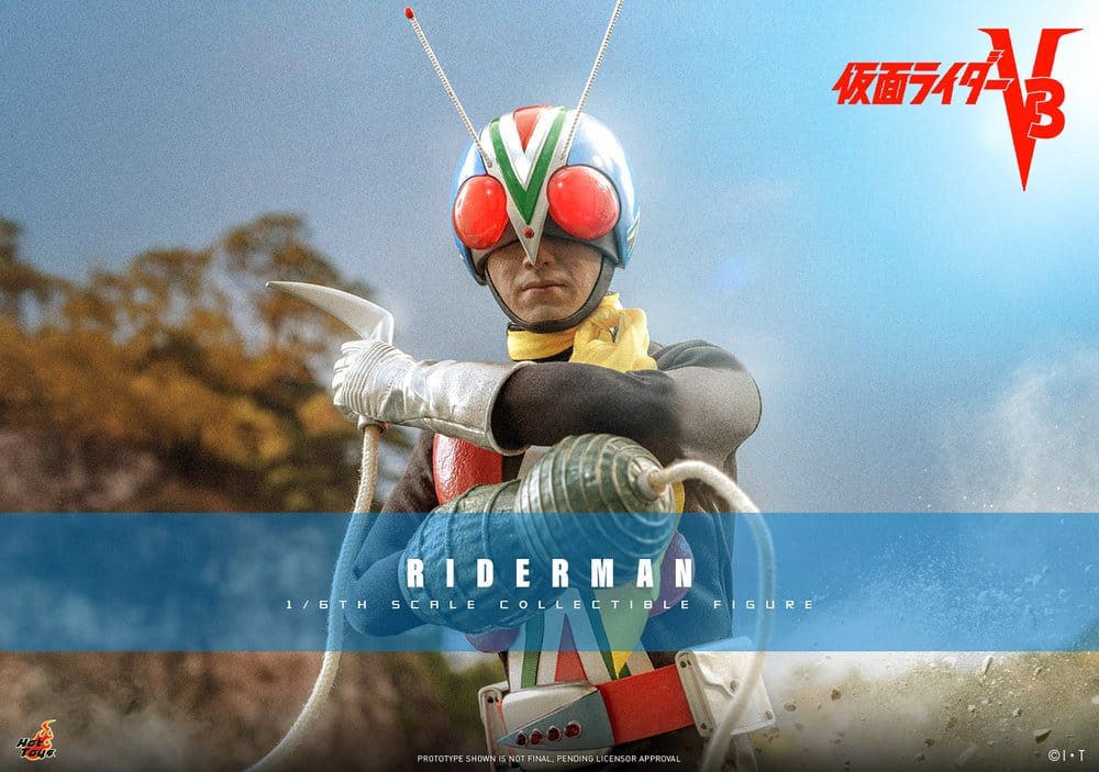 Hot Toys Riderman sixth-scale figure promo banner with Rope Arm and hook, Kamen Rider V3