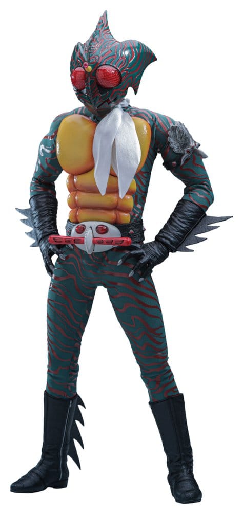 Hot Toys Kamen Rider Amazon 1/6 figure in green bodysuit with white muffler, full-length