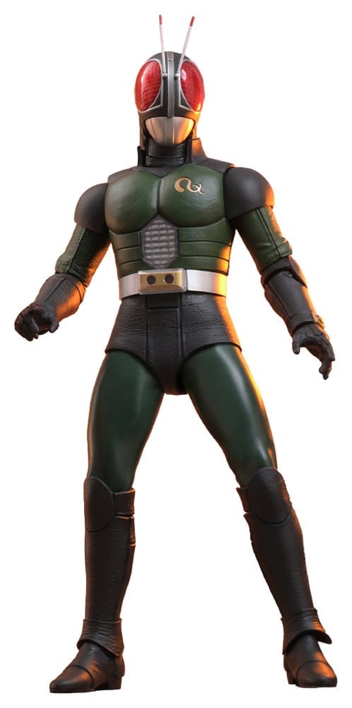 Hot Toys Kamen Rider Black RX 1/6 figure in green and black suit with red eyes, full-length cut-out