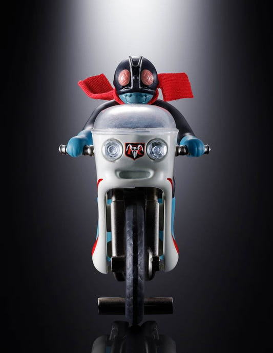 Bandai Chogokin Popynica Cyclone bike with Kamen Rider 1 rider, front view with red scarf