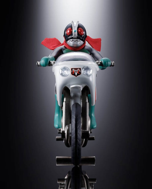 Bandai Chogokin Popynica Cyclone bike with Masked Rider 2 rider, front view with red scarf