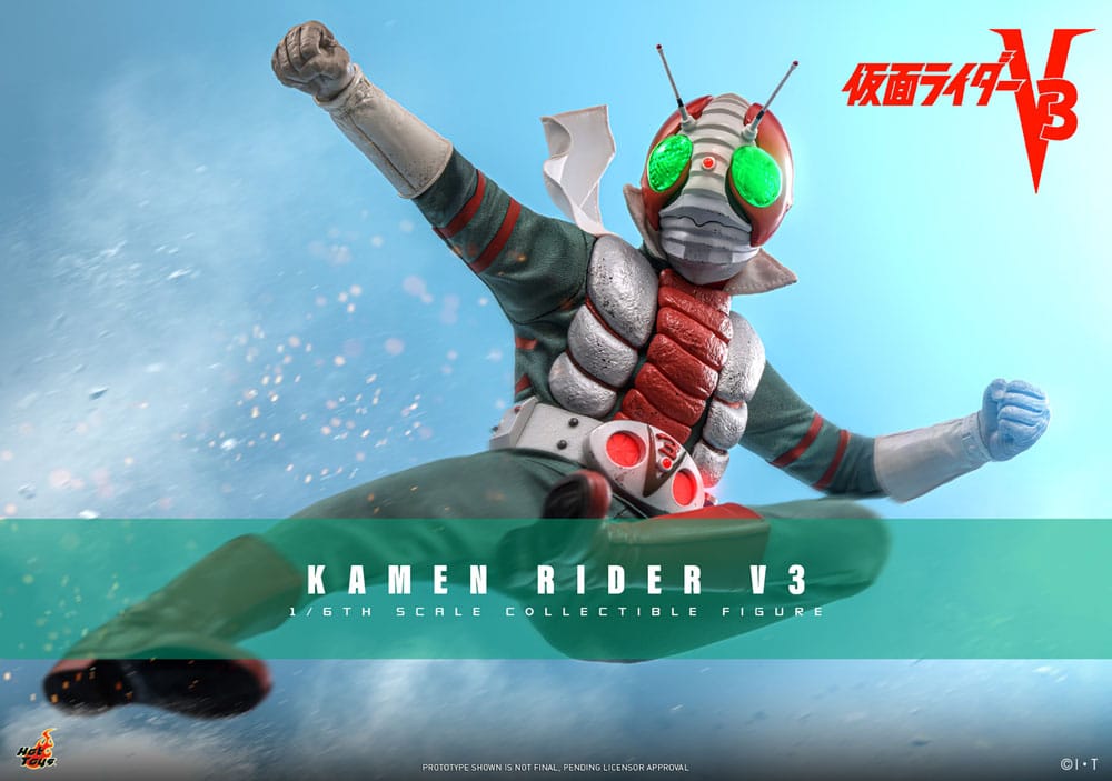 Hot Toys Kamen Rider V3 promo banner, figure leaping with LED-lit green eyes
