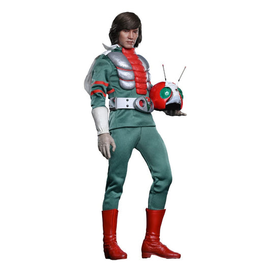 Hot Toys Kamen Rider V3 1/6 figure with Shiro Kazami head, holding helmet, white background