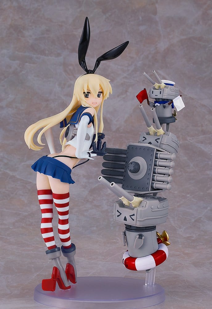 Assembled Shimakaze model kit leaning forward beside her Rensouhou-chan on a clear display base