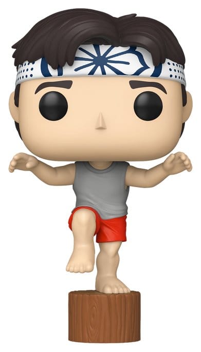 Funko Pop! Movies Daniel LaRusso doing the crane kick on a wooden post, The Karate Kid