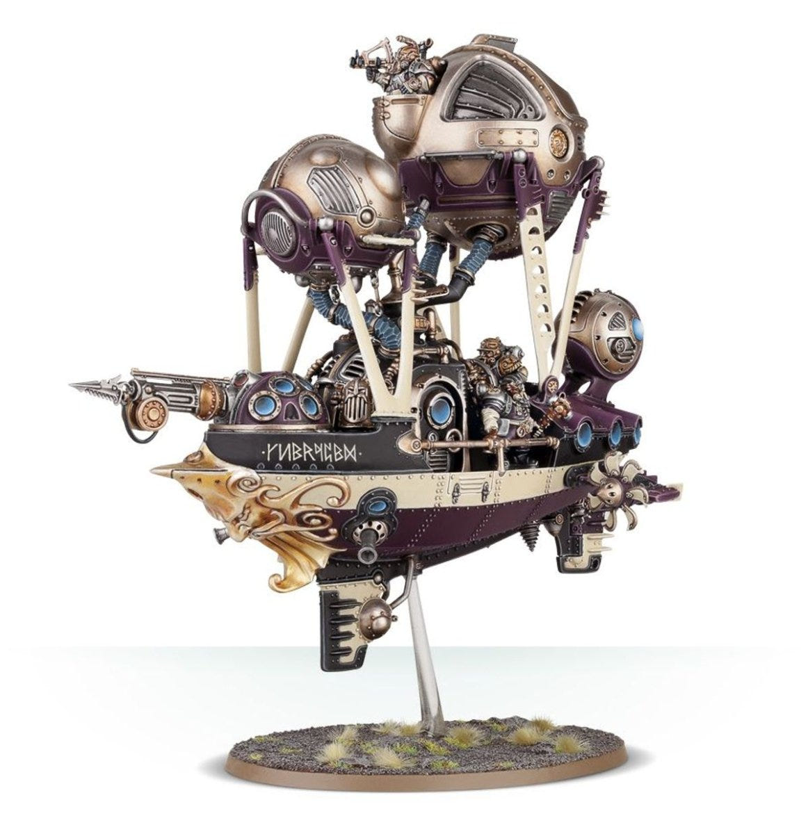 Painted Kharadron Overlords frigate on flying stand, three-quarter view