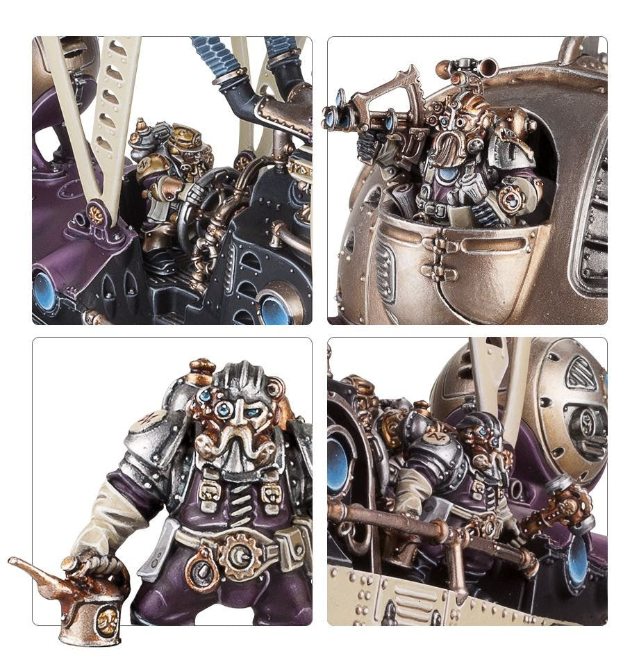 Close-ups of Kharadron frigate crew at the controls and brass fittings