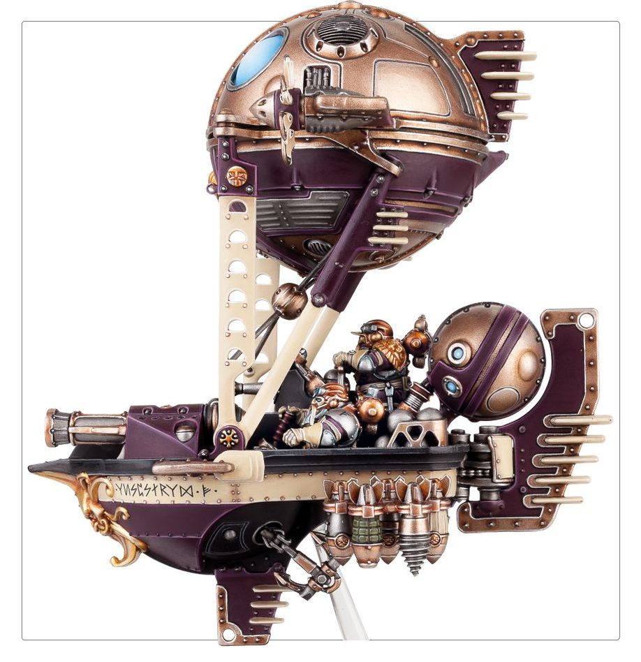 Painted Kharadron Grundstok Gunhauler side view showing the long cannon and bomb racks