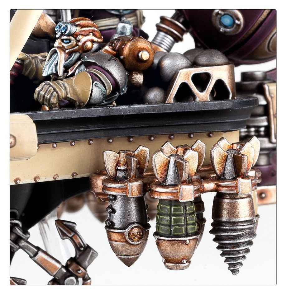 Close-up of Grundstok Gunhauler bombs slung under the deck with the duardin pilot above