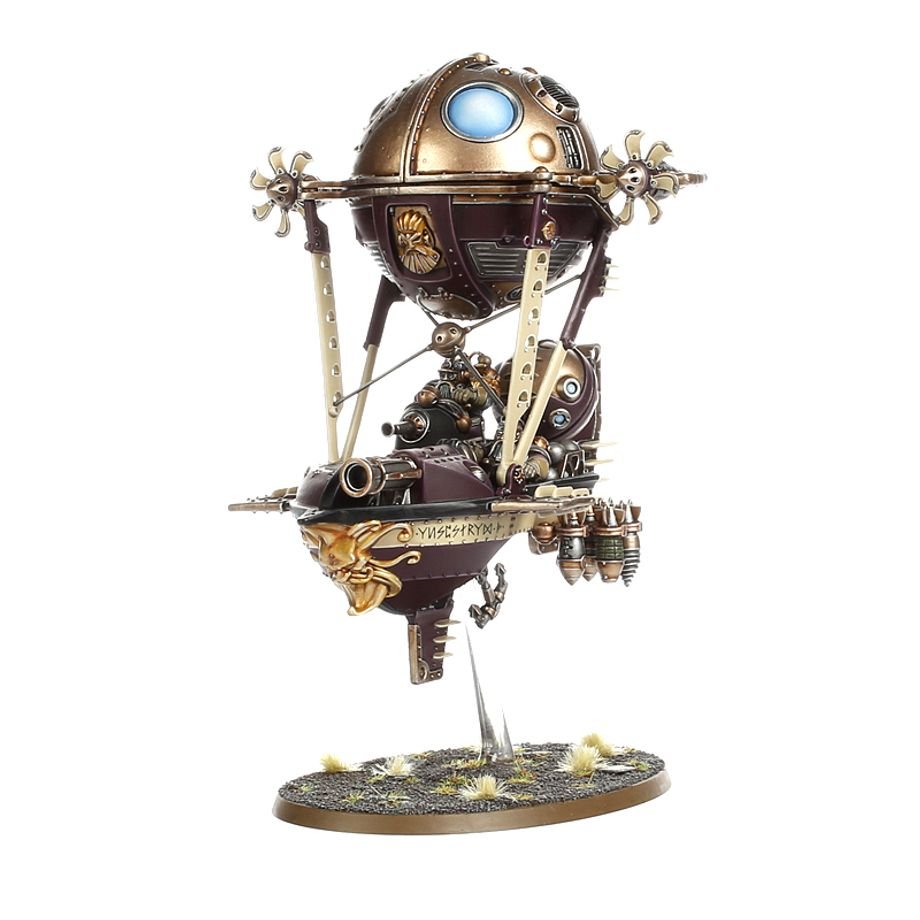 Painted Grundstok Gunhauler with bronze balloon and purple hull on its flight stand, side angle