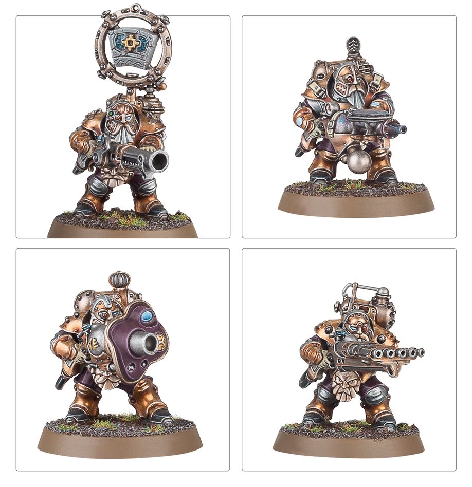 Four painted Kharadron Overlords Grundstok Thunderers shown individually, including the Honour Bearer