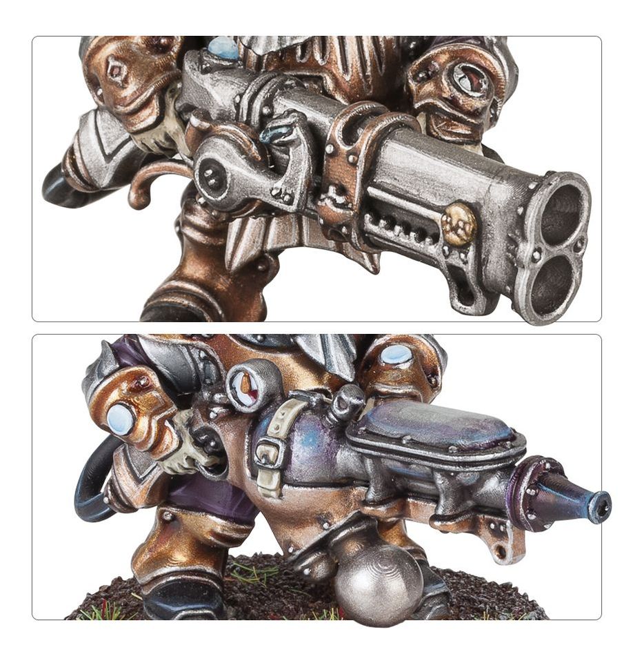 Close-ups of Kharadron Grundstok Thunderers gun barrels, aethershot rifle and cannon muzzle