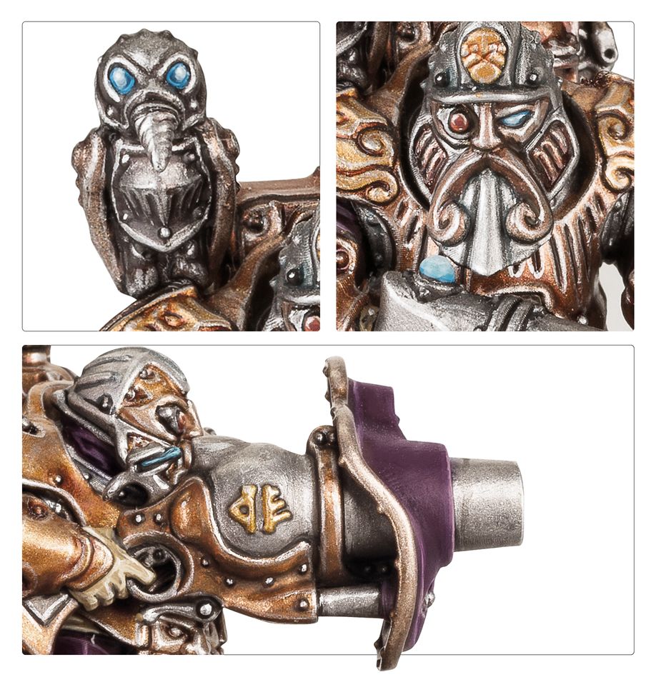Close-ups of Grundstok Thunderers helmet faces and a purple mortar barrel with Kharadron rune