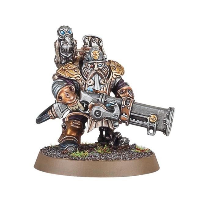 Painted Grundstok Thunderer with long rifle and bronze-plated armour, angled view
