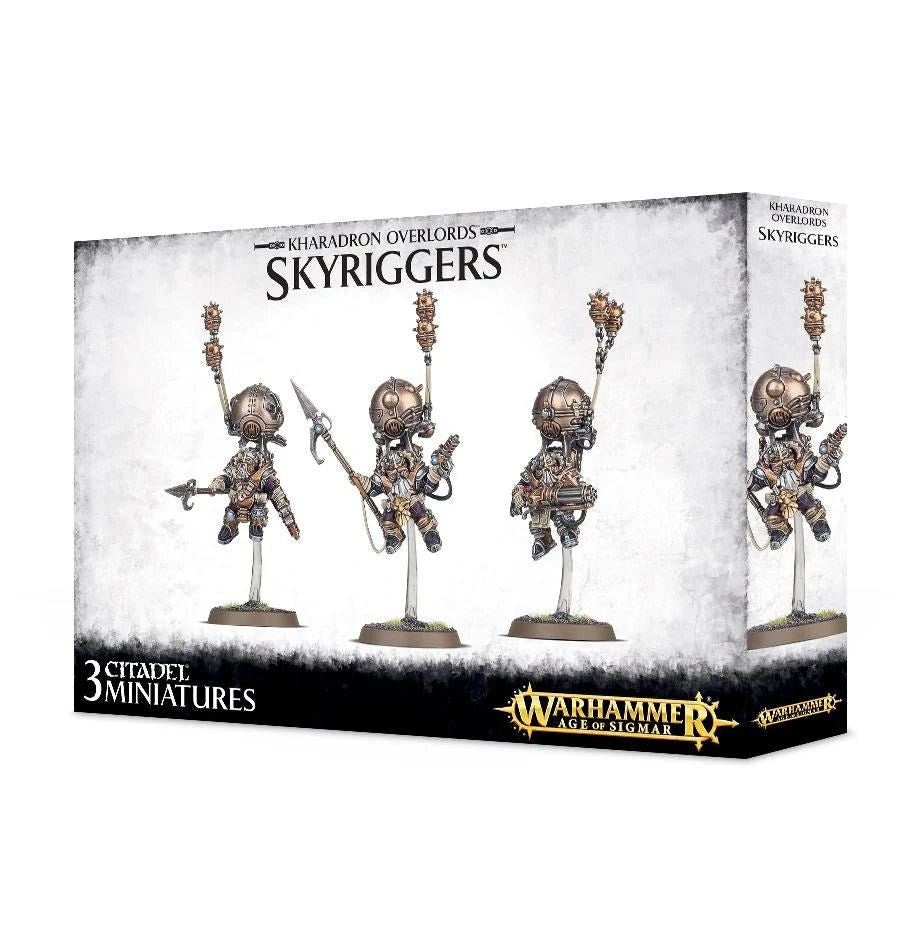 Games Workshop Kharadron Overlords Skyriggers box front showing three painted flying duardin