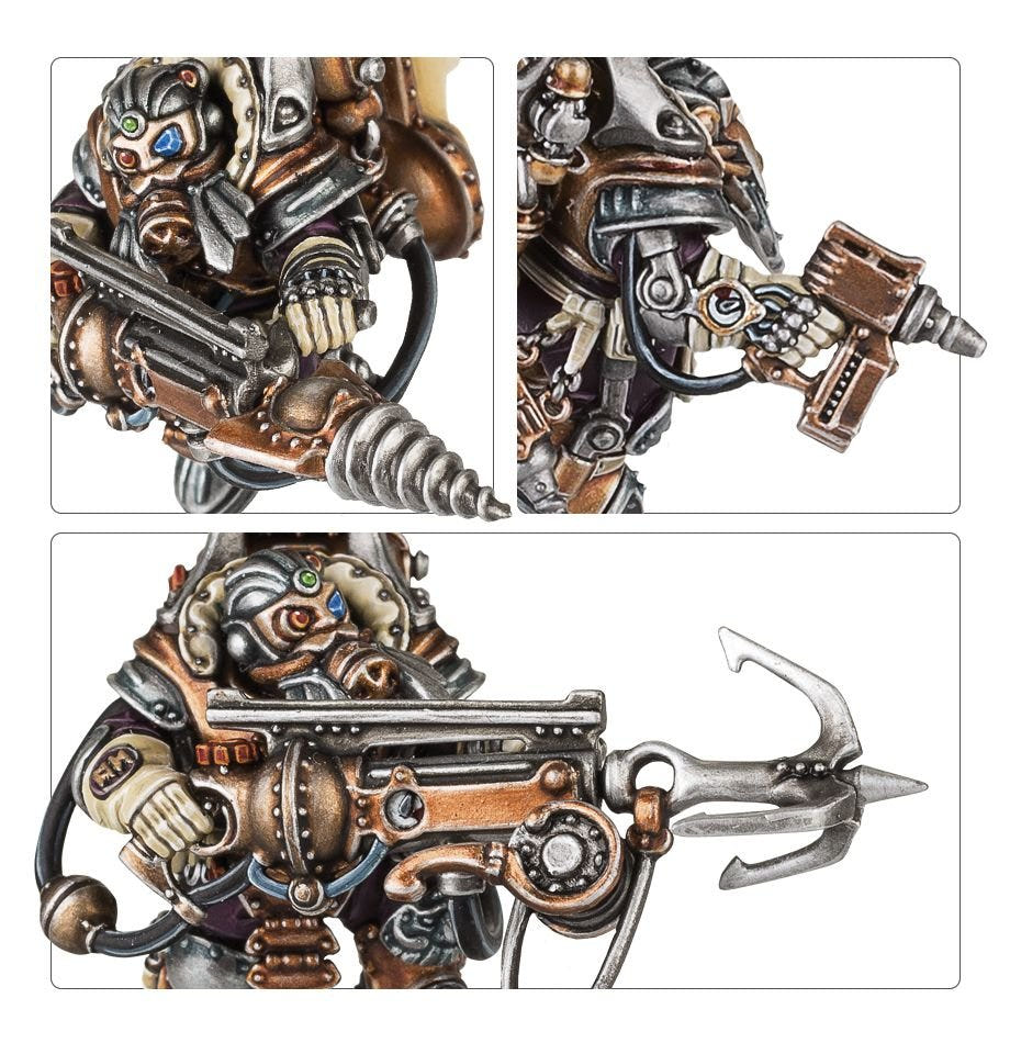 Close-ups of Kharadron Skywardens/Skyriggers weapons: drill-tipped lance, pistol and grapnel launcher